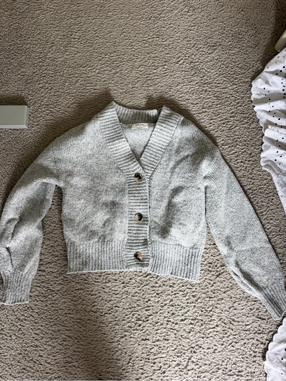 Zenana Outfitters Light Gray Cropped V-Neck Button Cardigan